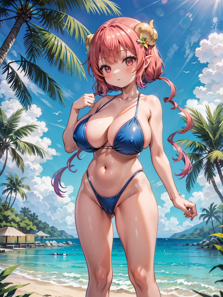 (masterpiece、top-quality、hight resolution)、iruru, A picturesque beach or poolside scene with a female idol posing in various swimsuit shots. The setting is serene with no other people around, emphasizing the natural beauty of the location. The idol is wearing different swimsuits in each pose, showcasing her in playful, seductive, and elegant poses. The sunlight highlights her figure, casting soft shadows and creating a warm, inviting atmosphere. The background includes clear blue water, sandy shores, and lush greenery, enhancing the idyllic and peaceful vibe of the scene. The overall mood is one of beauty, relaxation, and allure. nsfw