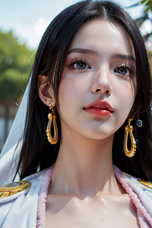 Nikon RAW photo, Fujifilm XT3, (detailed, 21 years old young lady captain, big eyes, snake golden earring, looking away), sensual, (ultra detailed), 8k, 4k, intricate, upper_body, detailed_face, best lighting, outdoors, makeup, bleach background, low rise,(masterpiece, best quality:1.4), (face focus:1.5), outside, (near the sea), 1girl, solo, hancock1, 1girl, boa hancock, big breasts, cleavage, long hair, epaulettes, cape, (white cape:1), crop top, long sleeves, side slit, (european youth woman:1), looking at viewer, beautifull smile, beautiful face, highly detailed face, highly detailed eyes, subsurface scattering, realistic pupils, full face blush, full lips, detailed background, depth of field, volumetric lighting, sharp focus, absurdres, realistic proportions, (realistic, hyperrealistic:1.4), 16k hdr