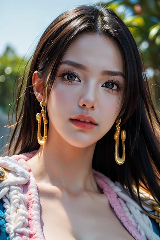 Nikon RAW photo, Fujifilm XT3, (detailed, 21 years old young lady captain, big eyes, snake golden earring, looking away), sensual, (ultra detailed), 8k, 4k, intricate, upper_body, detailed_face, best lighting, outdoors, makeup, bleach background, low rise,(masterpiece, best quality:1.4), (face focus:1.5), outside, (near the sea), 1girl, solo, hancock1, 1girl, boa hancock, big breasts, cleavage, long hair, epaulettes, cape, (white cape:1), crop top, long sleeves, side slit, (european youth woman:1), looking at viewer, beautifull smile, beautiful face, highly detailed face, highly detailed eyes, subsurface scattering, realistic pupils, full face blush, full lips, detailed background, depth of field, volumetric lighting, sharp focus, absurdres, realistic proportions, (realistic, hyperrealistic:1.4), 16k hdr