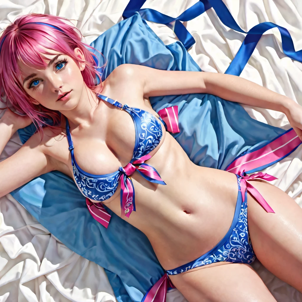 (finely detailed beautiful eyes and detailed face,masterpiece sidelighting,masterpiece,best quality,detailed,high resolution illustration), (topless girl,whole body,lustrous skin,looking down,looking at viewer),, (pink hair,blue eyes,ribbon, bikini panties), (clothed_underbust:1.2),underboob