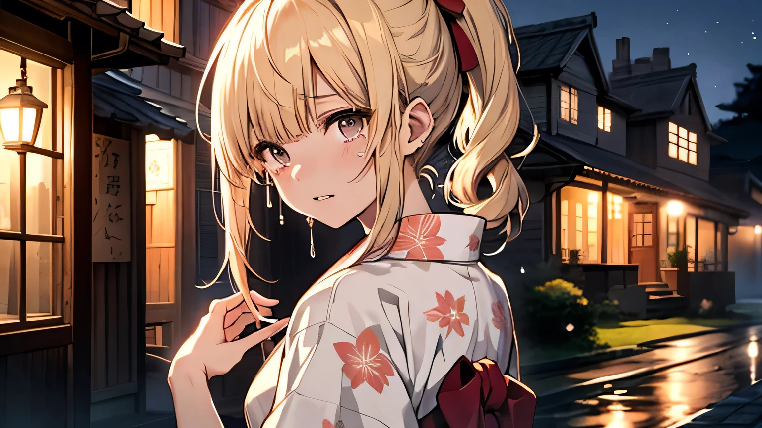 ((highest quality)), ((masterpiece)), (detailed), Perfect Face、Night Test of Courage、An empty haunted house、Crying face、blonde、Straight Hair、ponytail、White yukata with floral pattern、look back、