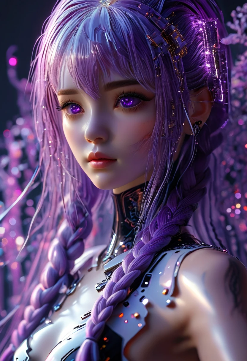 （Ultra-fine，lifelike：1.37），Dark AtmosphereDark Fantasy, Transparent made of circuit board, Expectations, Front view, Looks beautiful and aesthetic, soothing, 2 girls, yinji, purple hair, purple eyes, long hair, white hair, double braids, gradient hair, elegant, graceful, serene, mysterious, glowing skin, ethereal, atmospheric, (best quality,4k,8k,highres,masterpiece:1.2),ultra-detailed,(realistic,photorealistic,photo-realistic:1.37),HDR,studio lighting,extreme detail description,vibrant colors,dramatic lighting,cinematic