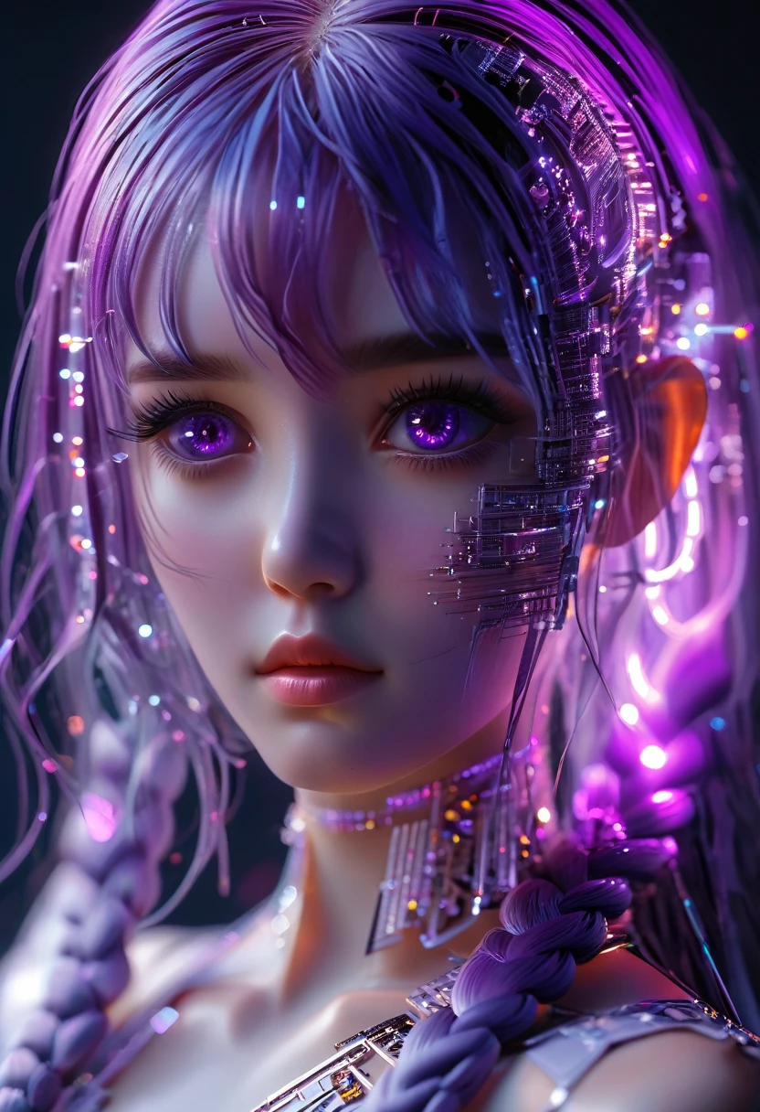 （Ultra-fine，lifelike：1.37），Dark AtmosphereDark Fantasy, Transparent made of circuit board, Expectations, Front view, Looks beautiful and aesthetic, soothing, 2 girls, yinji, purple hair, purple eyes, long hair, white hair, double braids, gradient hair, elegant, graceful, serene, mysterious, glowing skin, ethereal, atmospheric, (best quality,4k,8k,highres,masterpiece:1.2),ultra-detailed,(realistic,photorealistic,photo-realistic:1.37),HDR,studio lighting,extreme detail description,vibrant colors,dramatic lighting,cinematic