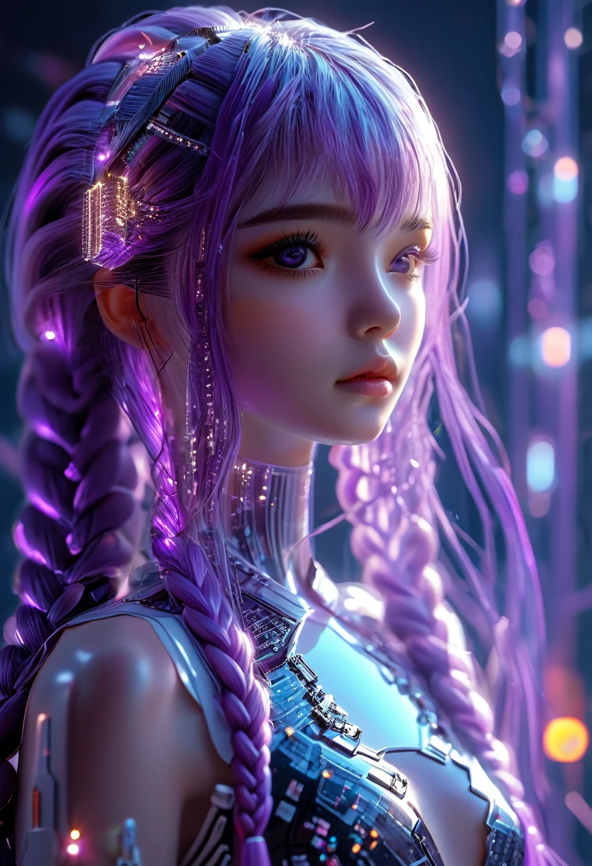 (Ultra-fine,lifelike:1.37),Dark AtmosphereDark Fantasy, Transparent made of circuit board, Expectations, Front view, Looks beautiful and aesthetic, soothing, 2 girls, yinji, purple hair, purple eyes, long hair, white hair, double braids, gradient hair, elegant, graceful, serene, mysterious, glowing skin, ethereal, atmospheric, (best quality,4k,8k,highres,masterpiece:1.2),ultra-detailed,(realistic,photorealistic,photo-realistic:1.37),HDR,studio lighting,extreme detail description,vibrant colors,dramatic lighting,cinematic