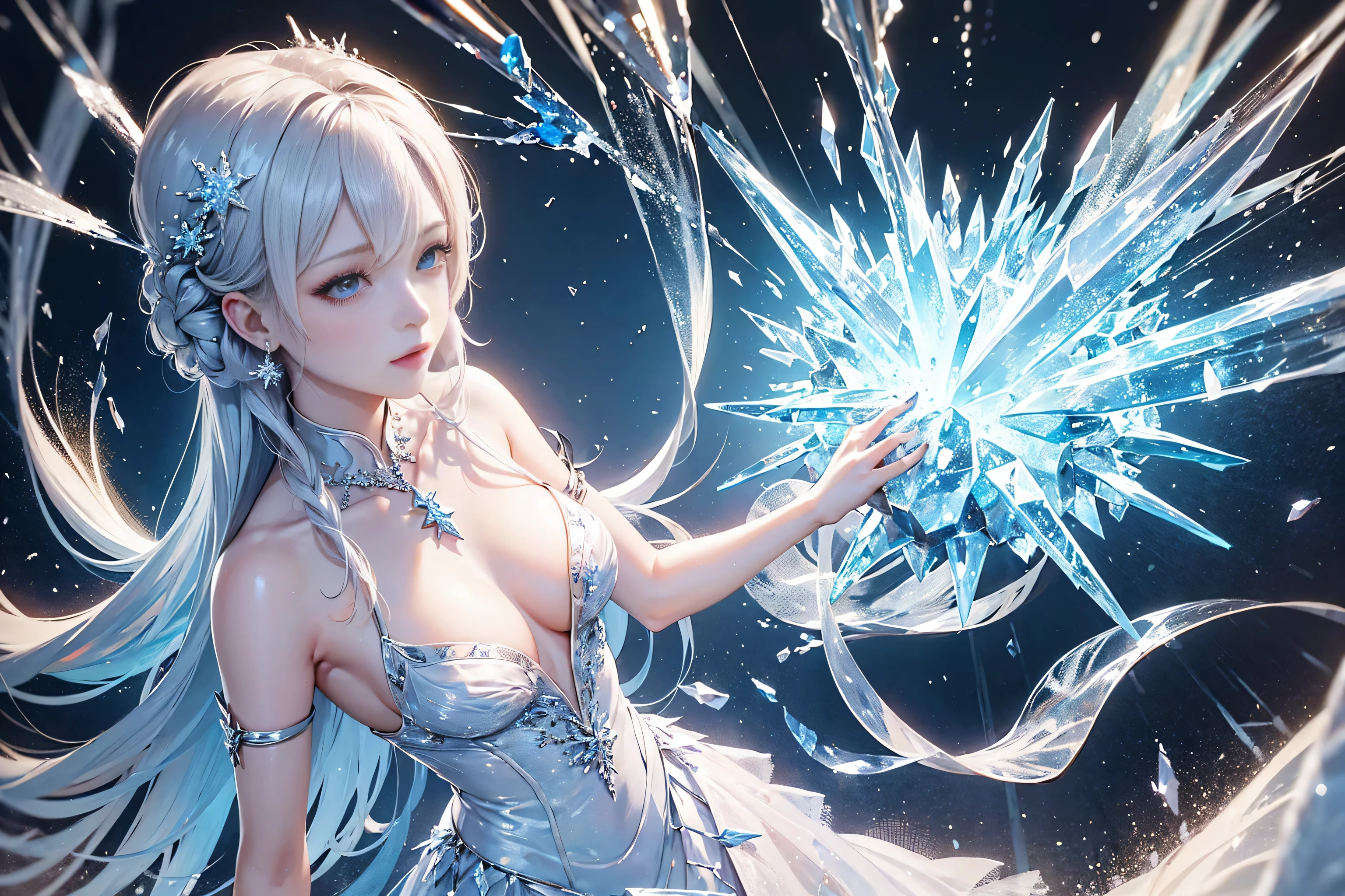 wood, Exquisite mini ice spikes and crystals, A frozen waterfall in the background, Light reflected by ice crystals, Flowing snowflakes、pretty girl,Small and beautiful breasts,Beautiful cleavage、Beautiful dress