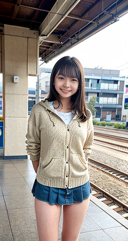 A female junior high school student standing with a smile on the station platform