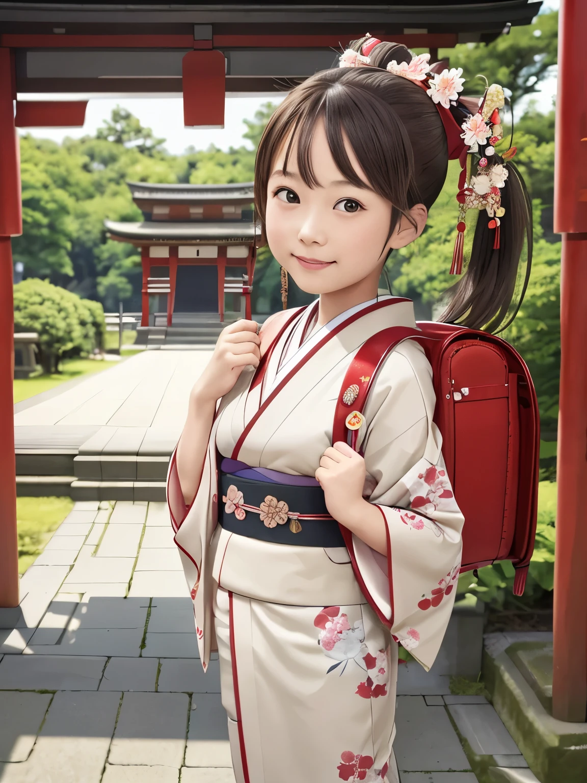 Masterpiecd, hd, realistic , Portrait, Best Quality, High resolution, 1girl, brown hair, ponytail, hair ornaments, hair ribbon, carrying a school backpack、(school backpack:1.1), Wearing a Japanese kimono at a summer festival at a shrine, (kimono:1.1), outdoor, standing