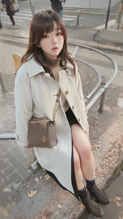 A 23-year-old woman sitting on a bench with a handbag slung over her shoulder, Light brown coat, Short coat, Short skirt and long jacket, trench coat with many pockets, White coat, trench coat, ライトブラウンのtrench coat, beige, Sailor suit with loose coat collar, sakimichan, White fashionable clothes, Grey Turtleneck Coat, Long coat