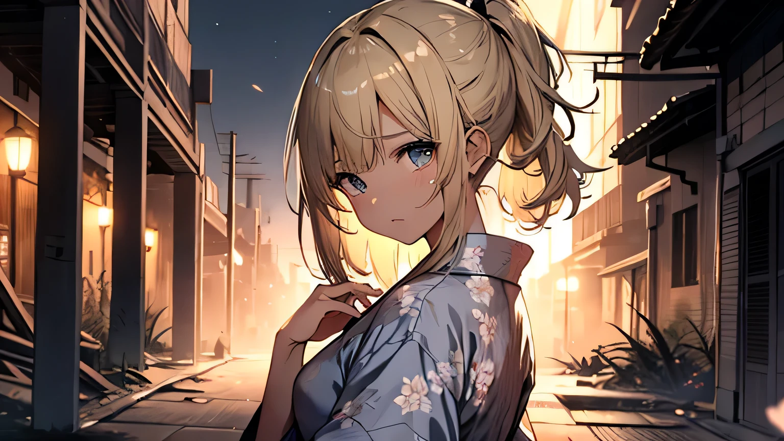 ((highest quality)), ((masterpiece)), (detailed), Perfect Face、Night Test of Courage、Deserted Ruins、Crying face、blonde、Straight Hair、ponytail、White yukata with floral pattern、look back、