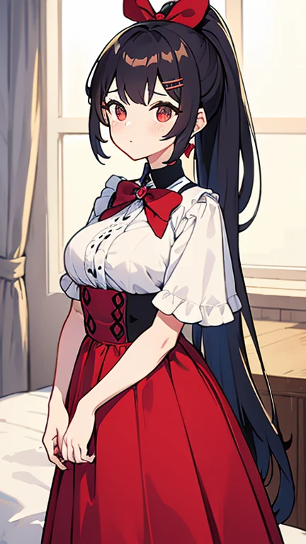 adulto, Cabello negro ondulado, mirada penetrante con ojos profundos de color rojo, estatura promedio, Silky hair with a ponytail hairstyle collected with a red bow with two white lines, tiene pechos grandes, primer plano, session, standing in the middle of his room [[[[Maid]]] , Sonrojada, muslos grandes, maid