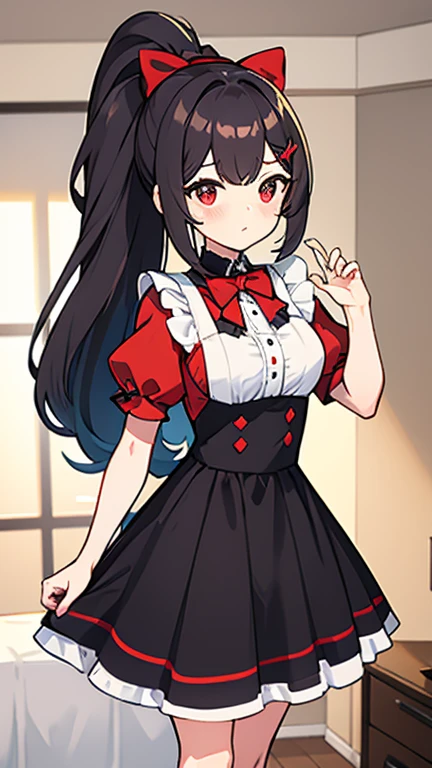 adulto, Cabello negro ondulado, mirada penetrante con ojos profundos de color rojo, estatura promedio, Silky hair with a ponytail hairstyle collected with a red bow with two white lines, tiene pechos grandes, primer plano, session, standing in the middle of his room [[[[Maid]]] , Sonrojada, muslos grandes, maid