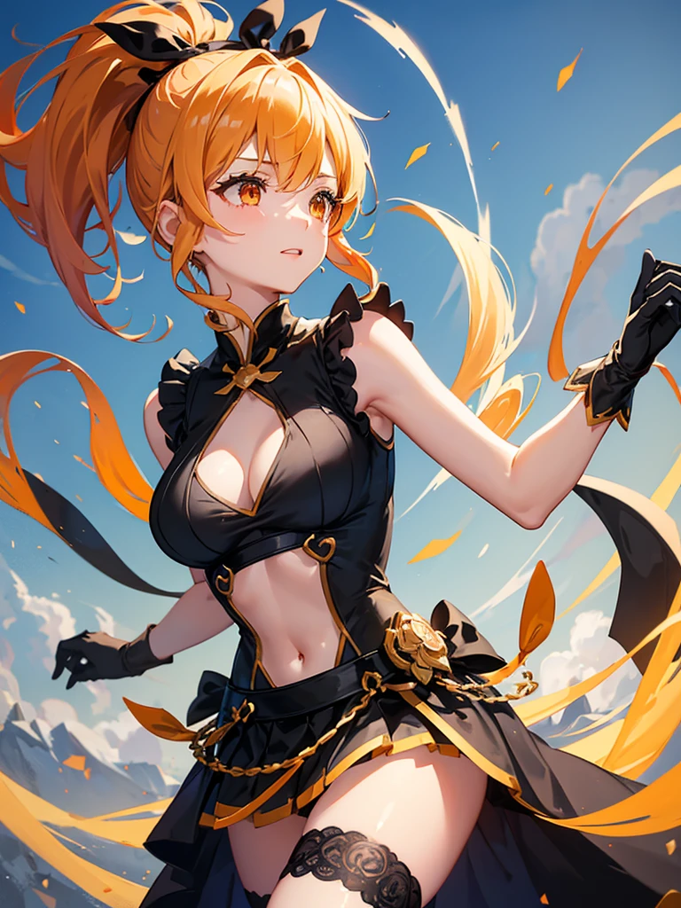 A fleeting girl with a black ribbon on her side ponytail, orange eyes, bust c, blue dancer costume is sleeveless and her chest is insisted on her chest, black heel
