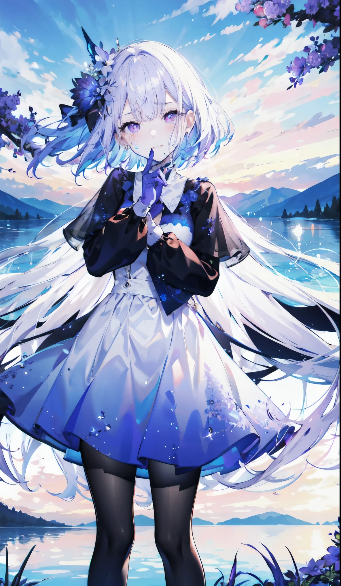 ((masterpiece:1.4,best quality)),(Super detailed),(Extremely detailed eyes),(Black leggings,Shiny socks:1.5),Hello Darkness
(Cute girls),28 years old,(Blood-red pupils,Diamond-shaped pupil:1.15),Purple Eyeshadow,(Elongated hair,Thick hair,shiny hair:1.5)(Variza:1.2),Fair skin,despair,Grief,Empty eyes,Tears streaming down my face,tilt head to one side,Kneel down
(She wears blue armor,A blue dress,:1.5),(blue gloves:1.4)Very long plush sleeves,White,White Cloud,Dream bubbles ,Ice and glitter effects
(Black long skirt:1.1),
(dawn:1.2),
(Intense black and white:1.16),(Depth of Field:1.4),,Intricate details,(Sky Castle,Standing on the lake,Purple flowers by the lake)