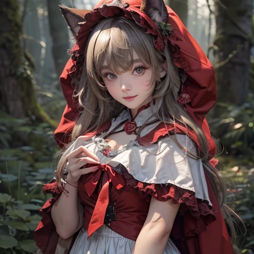 Standing in the forest、Hair flow、 ((highest quality、masterpiece、8k、Best image quality、Ultra-high resolution、Award-winning works)、(Accurate anatomy:1.1)、(Look at me and smile:1.1)、Shining fair skin with Ultra-high resolution、The most detailed face、Ultra-high resolution detailed face、Ultra-high resolutionの髪の毛、(Ultra-high resolution eye:1.1)、Beautiful face drawn in every detail、little red riding hood Costume , Chest to chest, Strange atmosphere, A real werewolf stares at her...., Dark Light, in the forest , Overall composition using wide-angle Lenovo-style scenery