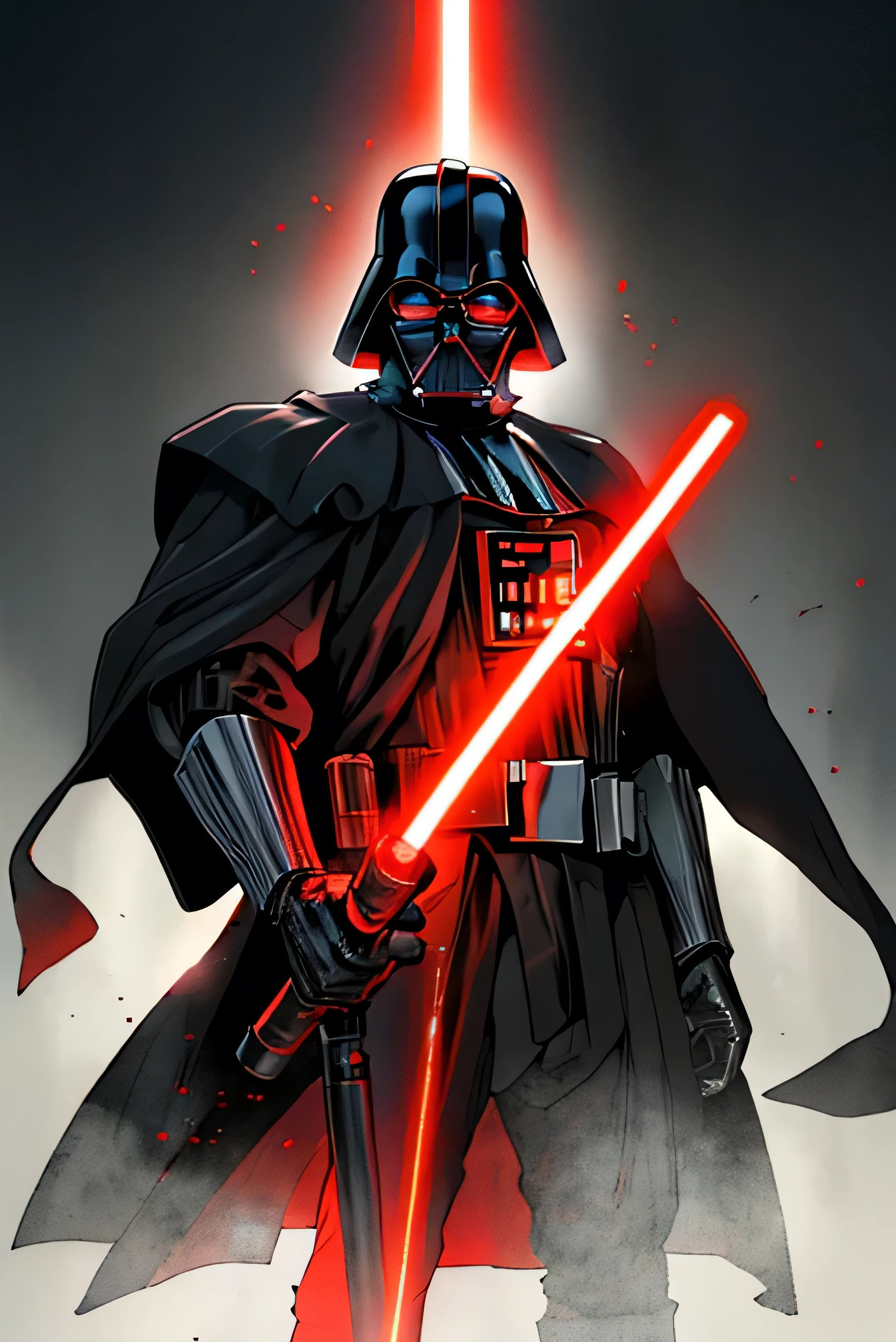 Darth Vader, the starwars evil leader, in his suit, he is holding red beam laser sword in front of his face . Muscular, strong, powerful, red laser beam, luminous