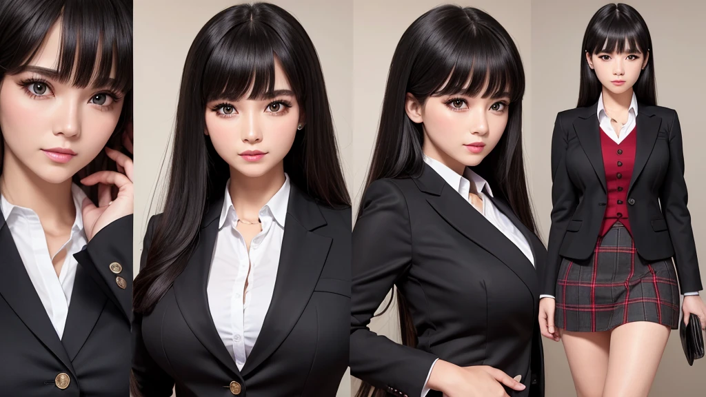 ((high quality)), ((8k)), (Detailed face), (highlight), woman、Big Breasts、Blunt bangs、Black Hair、Checked skirt、blazer、From red to black、