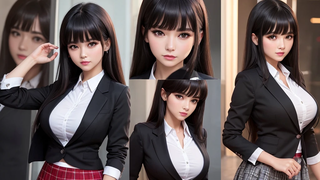((high quality)), ((8k)), (Detailed face), (highlight), woman、Big Breasts、Blunt bangs、Black Hair、Checked skirt、blazer、From red to black、
