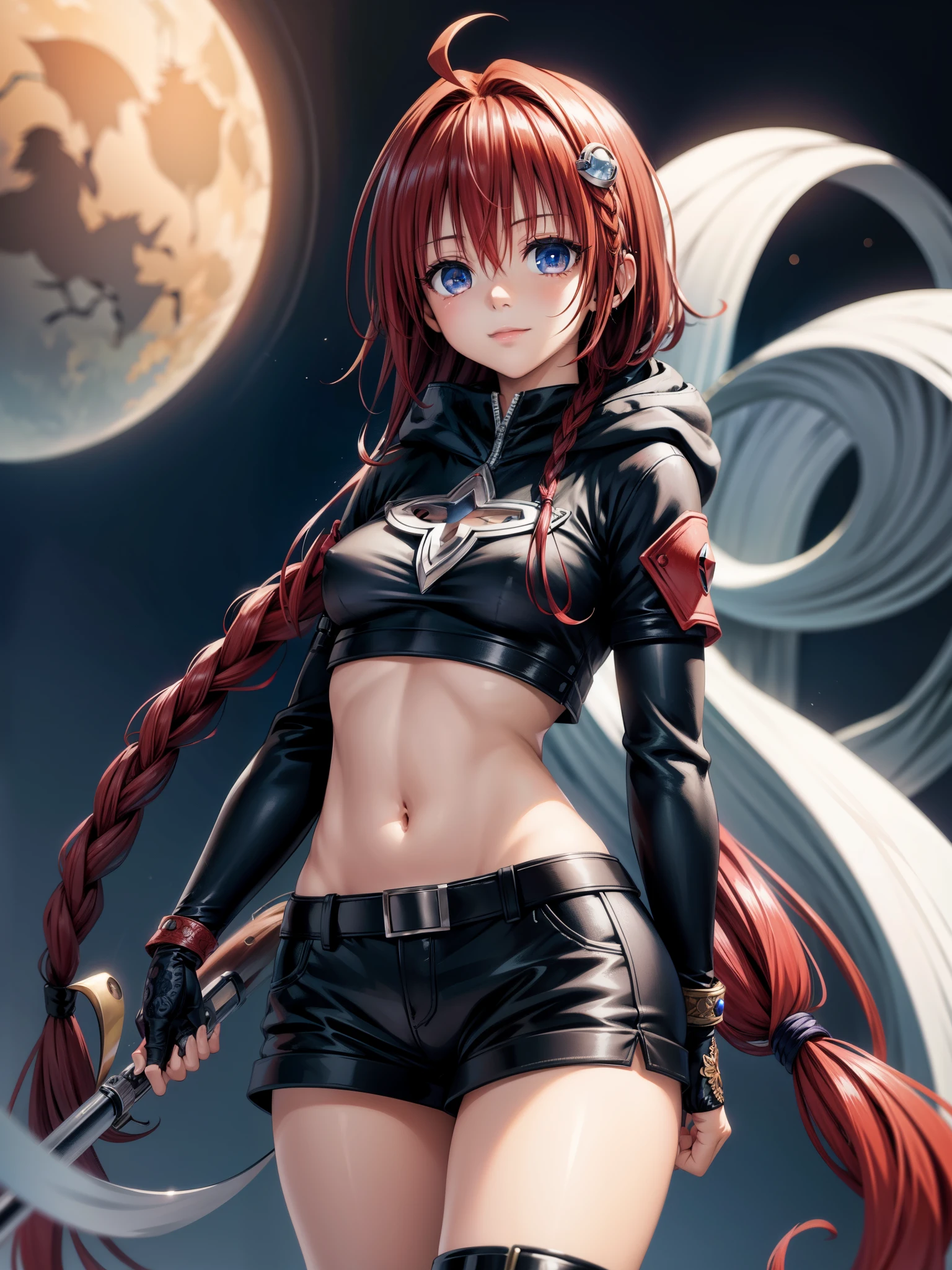 meakurosaki, mea kurosaki, ahoge, blue eyes, braid, hair intakes, hair ornament, long hair, red hair, hair braid, smile,
BREAK gloves, navel, boots, detached sleeves, shorts, fingerless gloves, black shorts, crop top, clothing cutout, hood,
BREAK outdoors, night, sky, city, moon, star \(sky\),
BREAK looking at viewer, (cowboy shot:1.5),
BREAK (masterpiece:1.2), best quality, high resolution, unity 8k wallpaper, (illustration:0.8), (beautiful detailed eyes:1.6), extremely detailed face, perfect lighting, extremely detailed CG, (perfect hands, perfect anatomy),