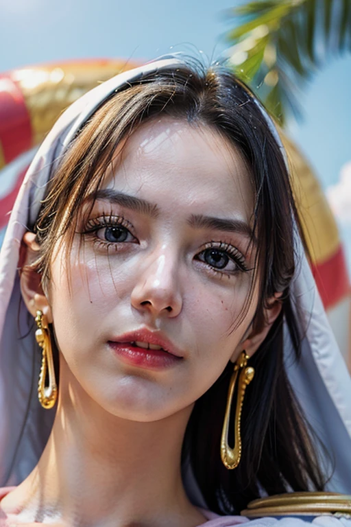 Nikon RAW photo, Fujifilm XT3, (detailed, 21 years old young lady captain, big eyes, snake golden earring, looking away), sensual, (ultra detailed), 8k, 4k, intricate, upper_body, detailed_face, best lighting, outdoors, makeup, bleach background, low rise,(masterpiece, best quality:1.4), (face focus:1.5), outside, (near the sea), 1girl, solo, hancock1, 1girl, boa hancock, big breasts, cleavage, long hair, epaulettes, cape, (white cape:1), crop top, long sleeves, side slit, (european youth woman:1), looking at viewer, beautifull smile, beautiful face, highly detailed face, highly detailed eyes, subsurface scattering, realistic pupils, full face blush, full lips, detailed background, depth of field, volumetric lighting, sharp focus, absurdres, realistic proportions, (realistic, hyperrealistic:1.4), 16k hdr