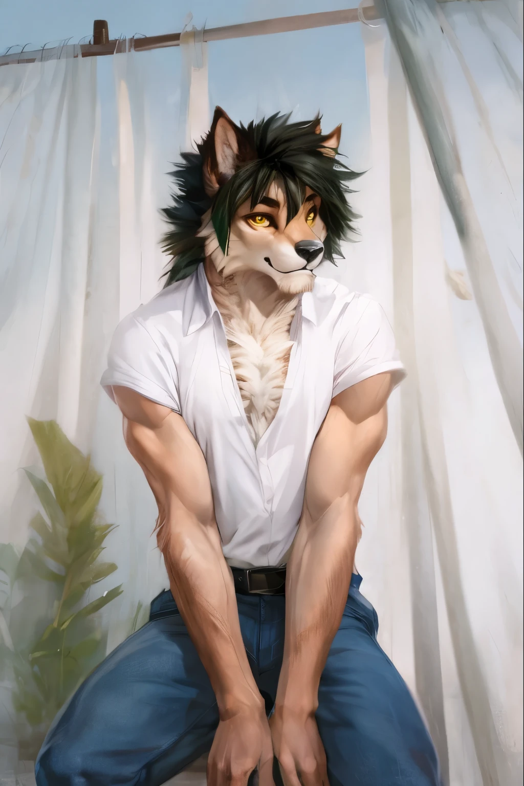 ((by Chunie):1.5, (by darkgem, by overcyan):0.5), fluffy fur, yellow eyes, chest hair tufts, muscular, handsome, (detailed eyes):1.2, male