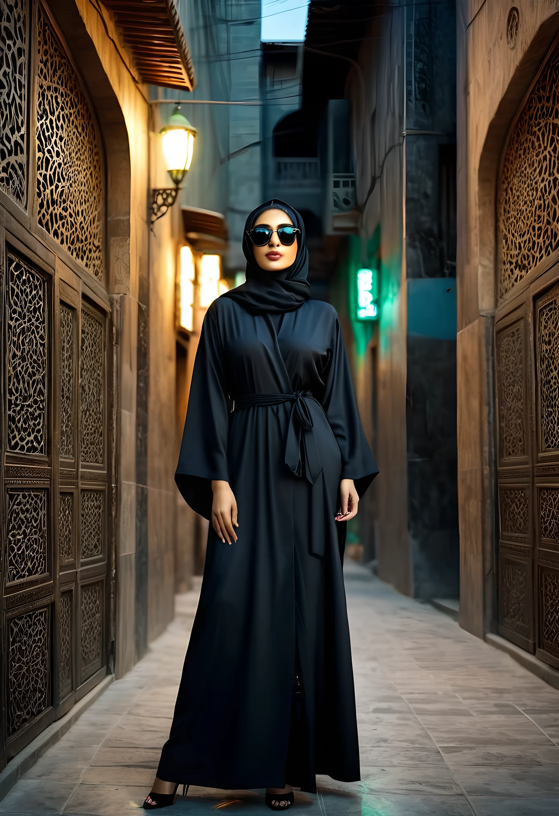 a beautiful iranian woman wearing a long black robe, a black hijab, and sunglasses, standing on a street in tehran, ultra-detailed, (best quality,4k,8k,highres,masterpiece:1.2),ultra-detailed,(realistic,photorealistic,photo-realistic:1.37),intricate details,cinematic lighting,dramatic shadows,rich colors,natural environment,street scene,middle eastern architecture,persian culture,strong contrast,symmetrical composition,atmospheric lighting,depth of field