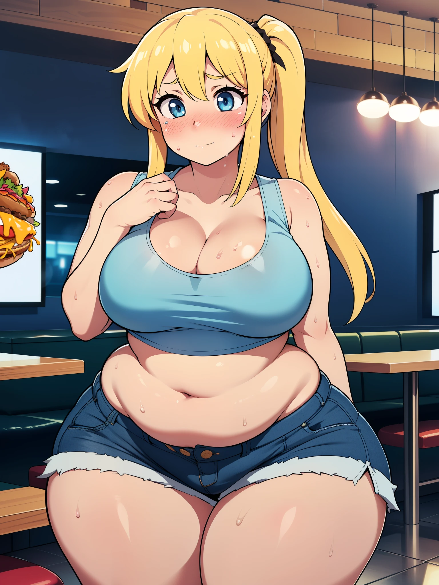 ((highres)), Masterpiece, high quality, best quality, beautiful, perfect lighting, detailed face, ultra cute face, ((1girl)), ((solo)), ((blush)), embarrassed, long fluffy blonde hair, pony tail, blue eyes, sweat, heavy breathing, crop top and shorts, fast food restaurant, cleavage, large breasts, ((wide hips)), (thick thighs), ((plump)),