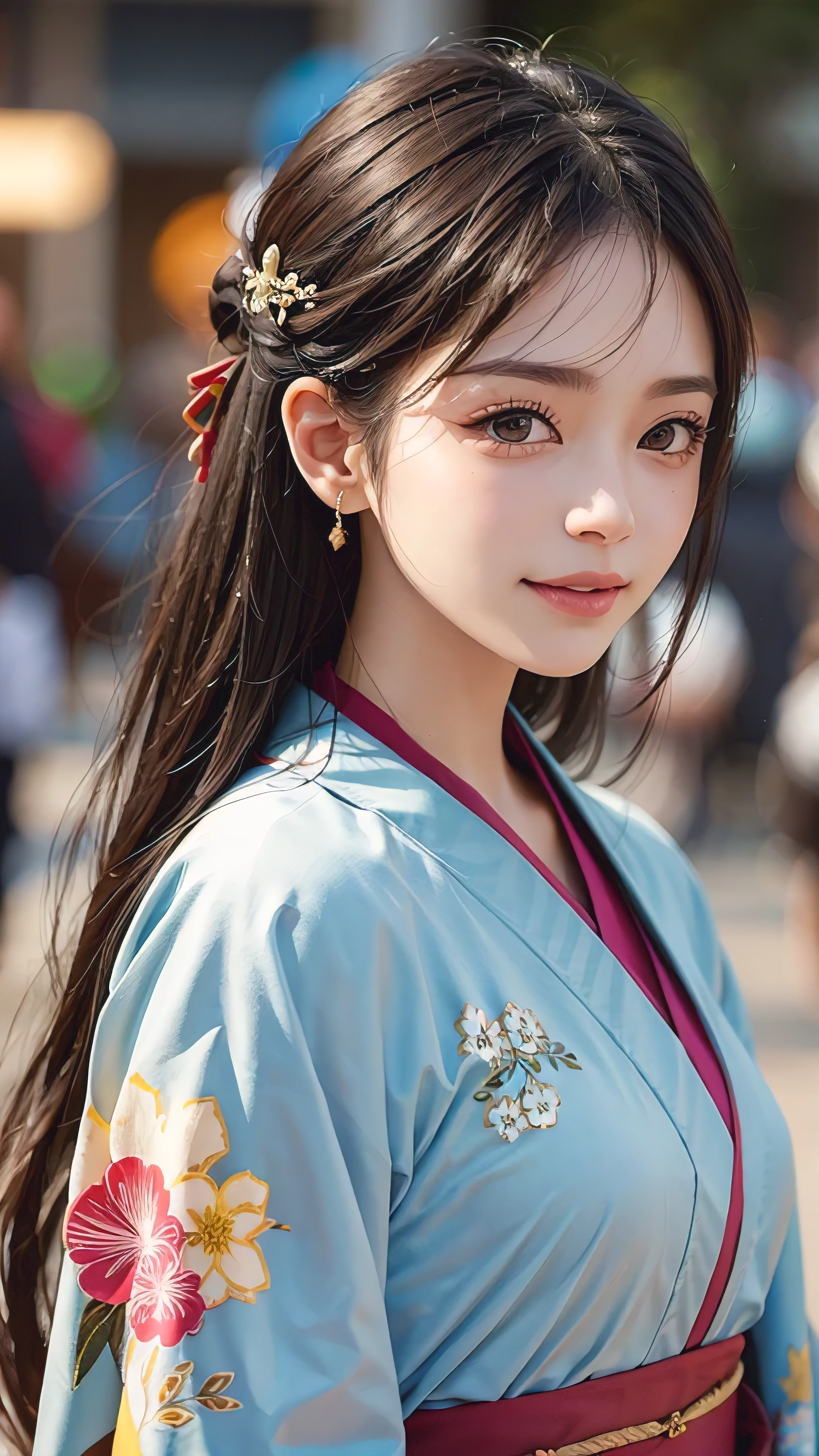 (((Top quality, 8K, masterpiece))), Sharp focus, (Beautiful Women in Perfect Shape), slim, (hairstyle: up)), ((kimono: sugar cane)), street: 1.2 Highly detailed face and skin textures Detailed eyes Double eyelids Random poses, (Smile),super cute Japan person,super beauty Japanese girl, Realistic face, Double eyelids,Smile,Summer Day Festival , Sunset ,Fireworks background.
