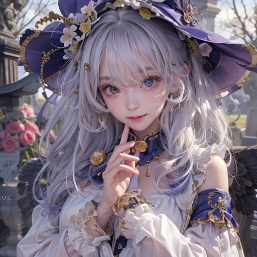 Standing in the grave、Hair flow、 ((highest quality、masterpiece、8k、Best image quality、Ultra-high resolution、Award-winning works)、(Accurate anatomy:1.1)、(Look at me and smile:1.1)、Shining fair skin with Ultra-high resolution、The most detailed face、Ultra-high resolution detailed face、Ultra-high resolutionの髪の毛、(Ultra-high resolution eye:1.1)、Beautiful face drawn in every detail、Cheerful clown costume, Chest to chest,  Strange atmosphere, Ghosts flow, Dark Light, At the cemetery 