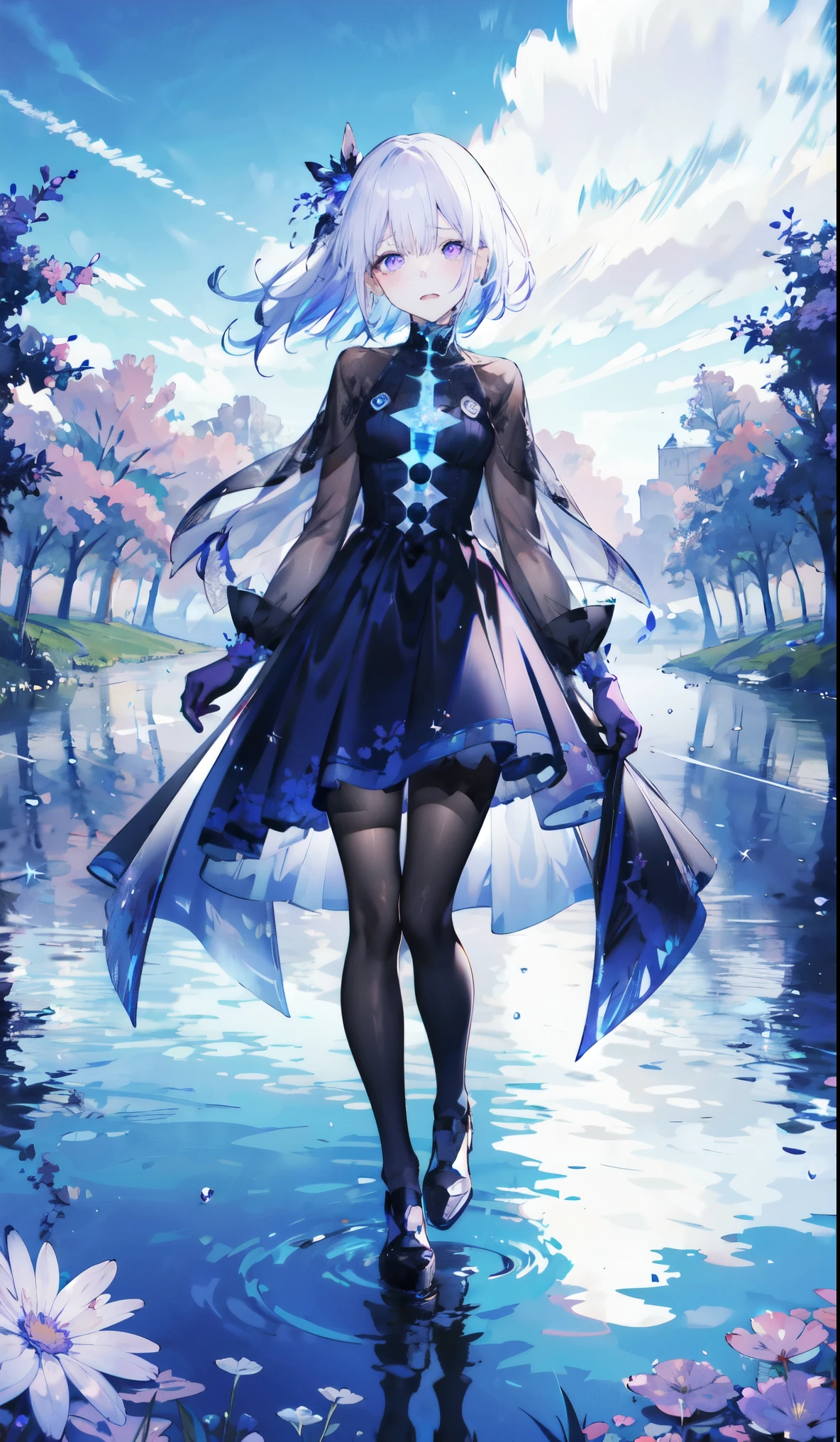 ((masterpiece:1.4,best quality)),(Super detailed),(Extremely detailed eyes),(Black leggings,Shiny socks:1.5),Hello Darkness
(Sexy girls),(28 years old),(Blood-red pupils,Diamond-shaped pupil:1.15),Purple Eyeshadow,(Elongated hair,Thick hair,shiny hair:1.5)(Variza:1.2),Fair skin,despair,Grief,Empty eyes,Tears streaming down my face,tilt head to one side,Kneel down
(She wears blue armor,A blue dress,:1.5),(blue gloves:1.4)Very long plush sleeves,White,White Cloud,Dream bubbles ,Ice and glitter effects
(Black long skirt:1.1),
(dawn:1.2),
(Intense black and white:1.16),(Depth of Field:1.4),,Intricate details,(Sky Castle,Standing on the lake,Purple flowers by the lake)