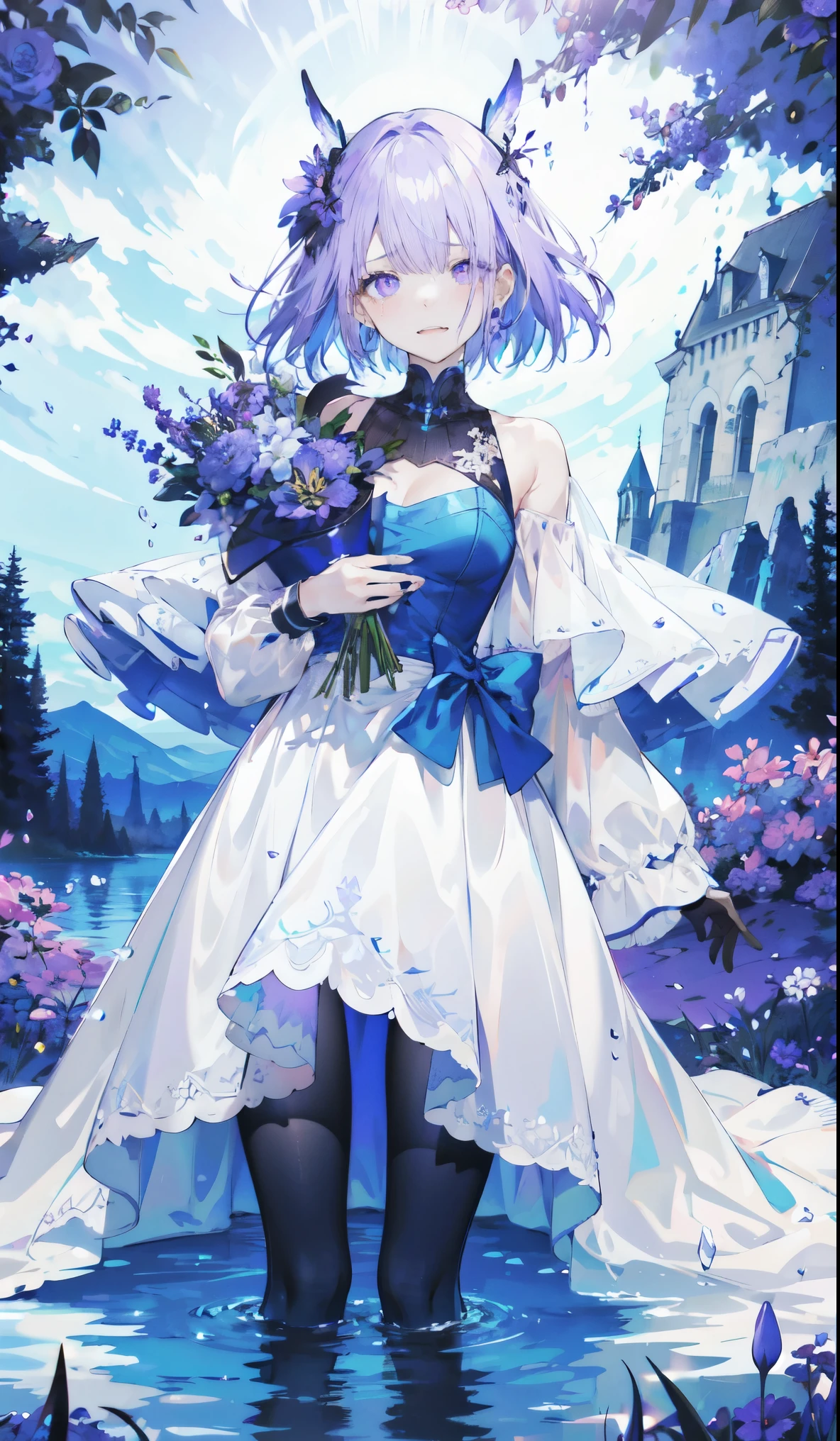 ((masterpiece:1.4,best quality)),(Super detailed),(Extremely detailed eyes),(Black leggings,Shiny socks:1.5),Hello Darkness
(Sexy girls),(28 years old),(Blood-red pupils,Diamond-shaped pupil:1.15),Purple Eyeshadow,(Elongated hair,Thick hair,shiny hair:1.5)(Variza:1.2),Fair skin,despair,Grief,Empty eyes,Tears streaming down my face,tilt head to one side,Kneel down
(She wears blue armor,A blue dress,:1.5),(blue gloves:1.4)Very long plush sleeves,White,White Cloud,Dream bubbles ,Ice and glitter effects
(Black long skirt:1.1),
(dawn:1.2),
(Intense black and white:1.16),(Depth of Field:1.4),,Intricate details,(Sky Castle,Standing on the lake,Purple flowers by the lake)