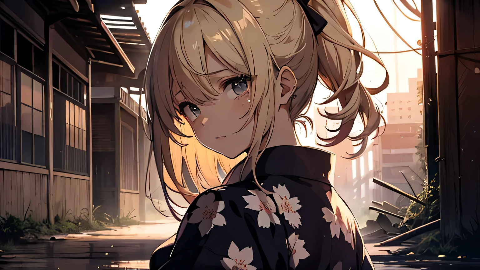 ((highest quality)), ((masterpiece)), (detailed), Perfect Face、Night Test of Courage、A dark, deserted ruin、Crying face、blonde、Straight Hair、ponytail、White yukata with floral pattern、look back、
