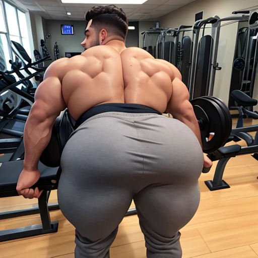 Two male college football players, muscular, jocks, at the gym, athletic, shirtless, dark brown hair, wearing grey sweatpants, big butt, huge ass, curvy men, comically massive ass, bubblebutt, thick, thicc, thick ass, thick legs, thick thighs, huge butt cheeks, ass huge, showing butt to camera, smiling, looking back at camera, big booty, boy booty, men with huge butts, men in grey sweatpants, showing off ass, absolutely massive butt, enormous ass cheeks in grey sweatpants, full ass, round ass, juicy ass, expansive ass, tight sweatpants, filled sweatpants, perky fat butt cheeks, gay for each other, gay, homosexual