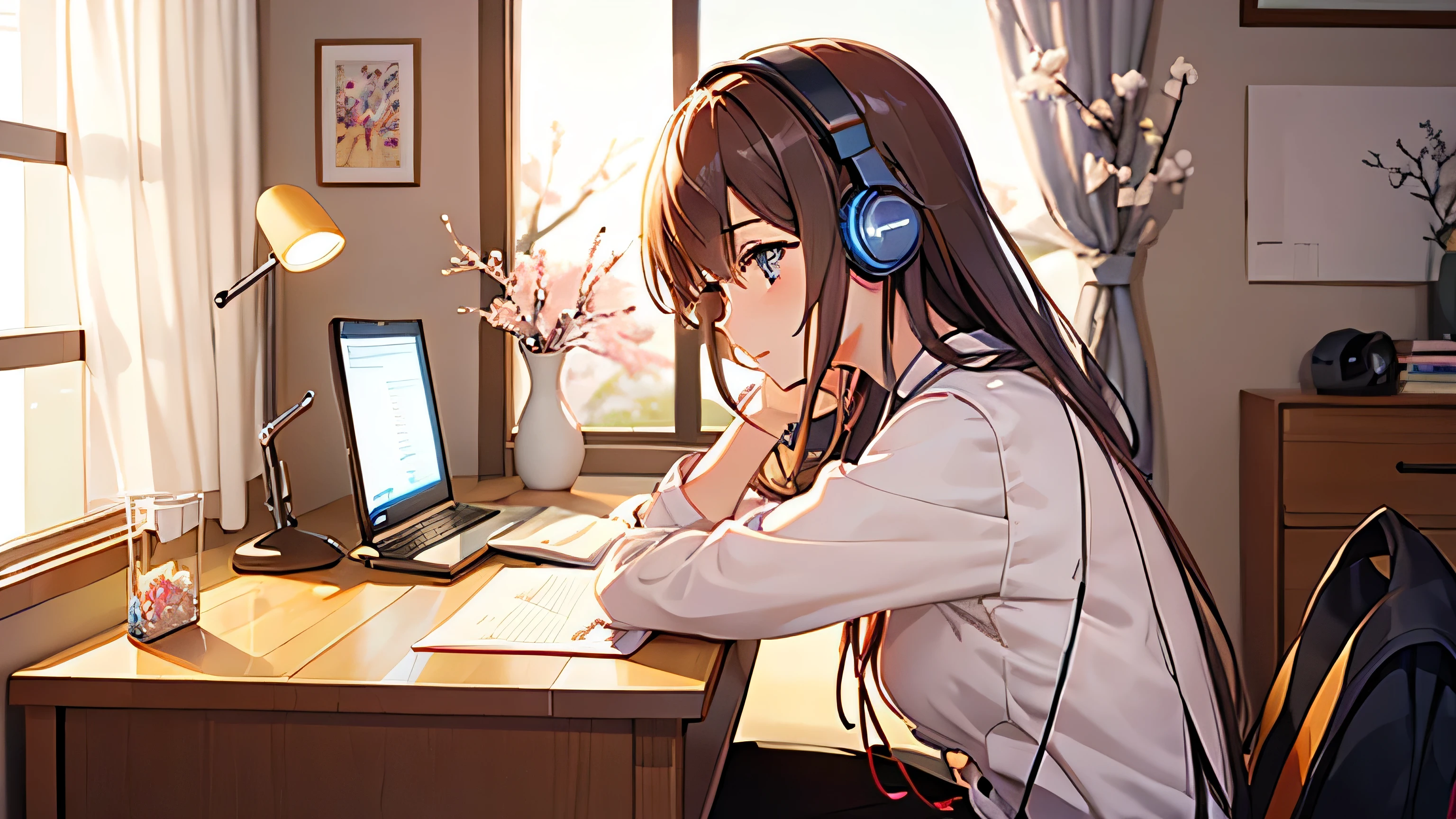 A beautiful girl studying at her desk while listening to music with headphones in her room、Warm lighting、Outside the room, cherry blossoms are blooming、Japanese anime style