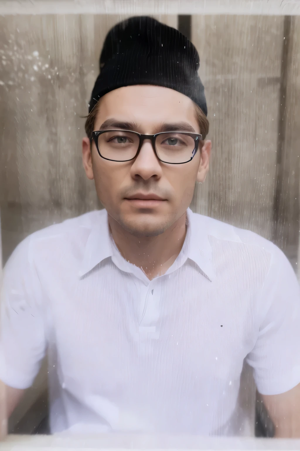  A man using white shirt, black moeslem hat, photo realistic, HD, super detailed, 8k