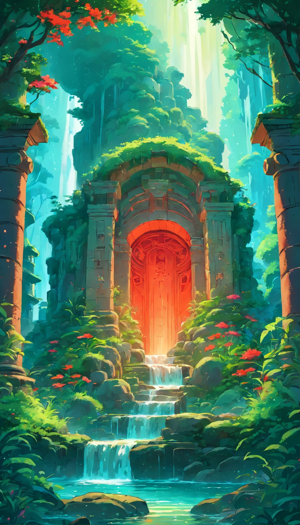 Create a highly detailed 4K digital illustration of a colossal ancient stone statue with an intricately detailed face. The statue is covered in lush green vegetation and adorned with bright red flowers. Water cascades from the statue's mouth like a waterfall, reminiscent of the "Castle in the Sky" style. The scene is set among ancient, overgrown ruins, with vivid and bright colors bringing the scene to life. The artwork should blend the styles of Studio Ghibli and Dan Mumford, featuring incredibly high detail and a beautiful pixel art aesthetic. Emphasize the vibrant greens of the vegetation, the striking reds of the flowers, and the shimmering blues of the cascading water. The overall composition should convey the enchanting and mystical atmosphere of ancient overgrown ruins with a bright and colorful palette.