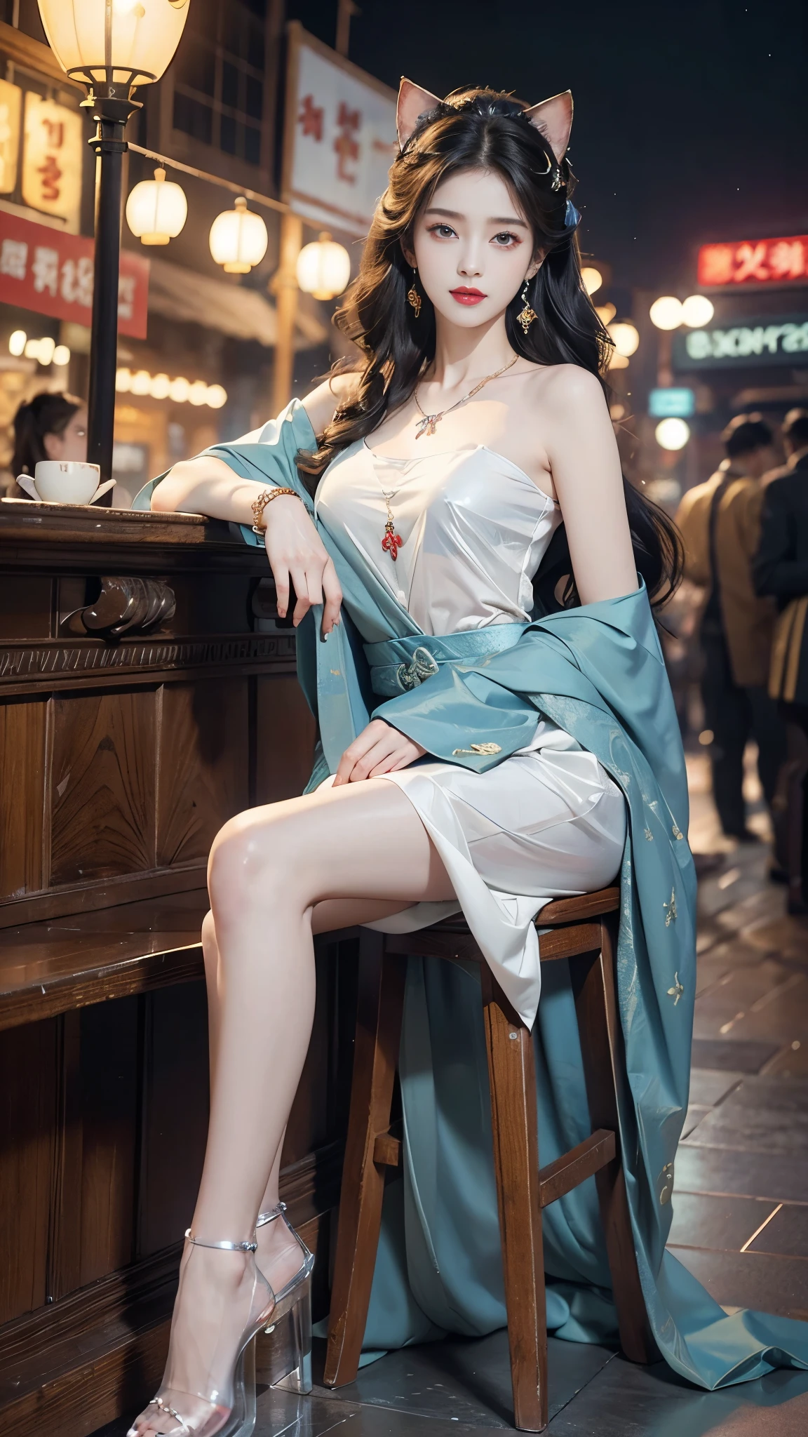 ((whole body)), ((From below)), ((Sitting)), ((sitting on a bar stool)), Clear face, Pretty Face, 8K, masterpiece, original photo, best quality, detail:1.2,lifelike, detail, Very detailed, CG, Unite, wallpaper, Depth of Field, light, lens flare, Ray Tracing, (extremely beautiful face, Beautiful lips, beautiful eyes), Wheels within wheels, detail的脸, ((ultra detailed skin)), 1 girl, in the darkness, Deep Shadows, Beautiful korean girl, Korean Idol,(Very slim figure:1.3), Full breasts, Large Breasts, Slender sexy legs, Very beautiful legs, Elegant Posture, (A big smile), (City night, (Neon), (night), Beautiful korean girl, White Diamond Earrings, diameter bracelet, Deya Necklace, Clear eyes, (big eyes),Cat ears,(((Clear fingers)))