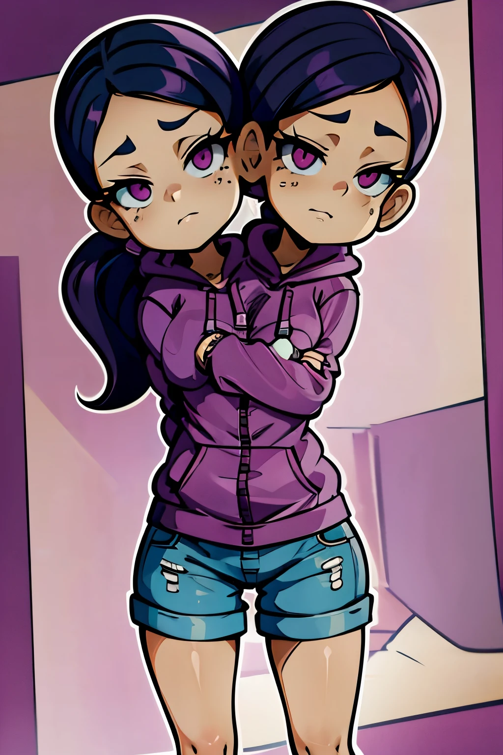 conjoined, 2heads, girl with two heads instead of one, 2head, cuerpo curvilineo, brazos curvilineos, usando shorts, ropa abrigada, piernas curvilineas, anime cartoon, using a purple hoodie, each head has a ponytail