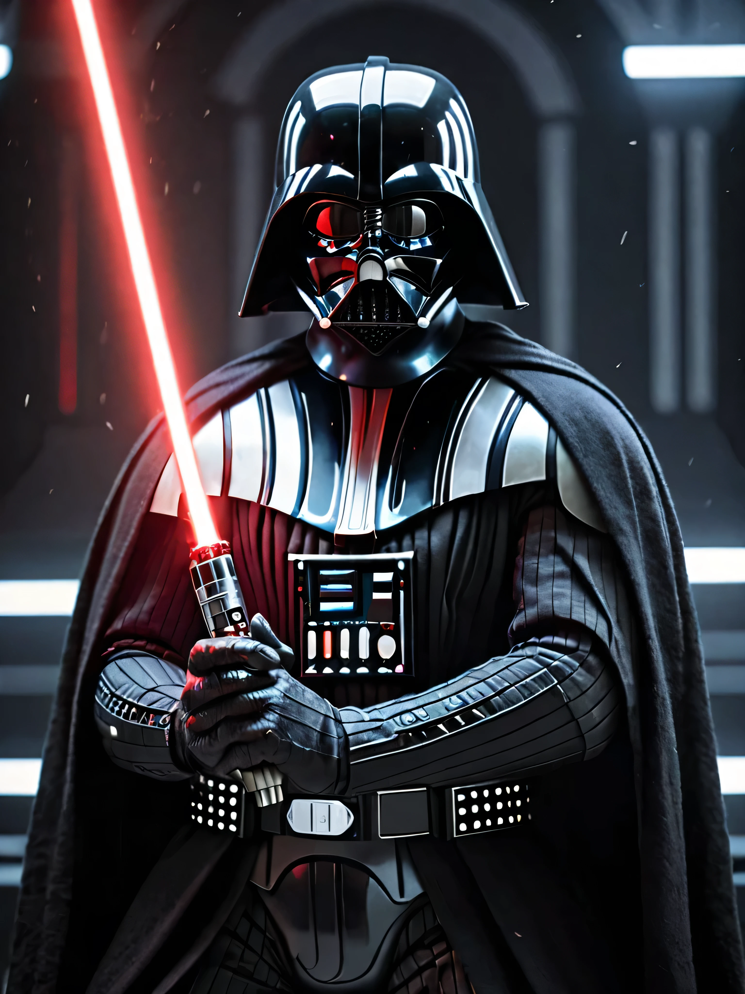 Raw close-up of darth vader till his waist during a lightsaber meditation, eyes closed in concentration, suit illuminated by the hum of the Jedi weapon, 50mm f/1.8 lens emphasizing the spiritual connection to the Force, 4K resolution.
