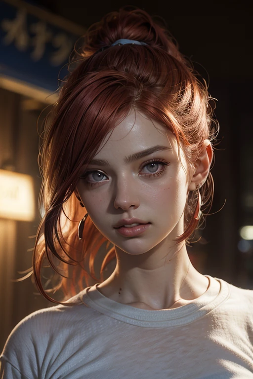 light medium red hair with ponytail , olhos azuis vibrantes, white and pale skin, retrato, roupas de roqueiro, cena de pub, Arte colorida RAW de alto detalhe, (pele detalhada, textura da pele), (Muscle), detalhes intrincados, detalhes finos, hiperdetalhado, Rastreamento de raio, underground dispersal, Diffuse and soft lighting, holofote vermelho e azul, por Jeremy Mann, Greg Manchess, Antonio Moro, trend at ArtStation, tendência na CGSociety, intricado, alto detalhe, sharp focus, Dramatic and Photorealistic Painting Art by Midjourney, bokeh em segundo plano, bar,  melhor qualidade, Obra de arte, halfbody retrato, pub ambient, olhe para o espectador, camiseta branca, blue jeans, neon bar, country pub scene, cerveja,