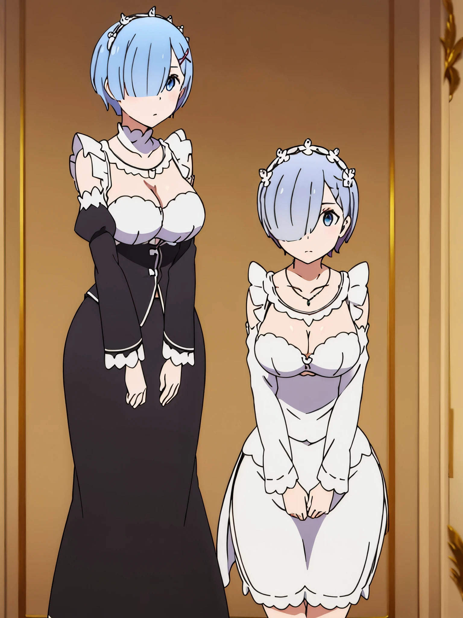 aarem, short hair, hair flower, bridal veil, x hair ornament, hair over one eye, large breasts, necklace, collarbone, cleavage, white bra, detached sleeves, white skirt, miniskirt, thigh gap