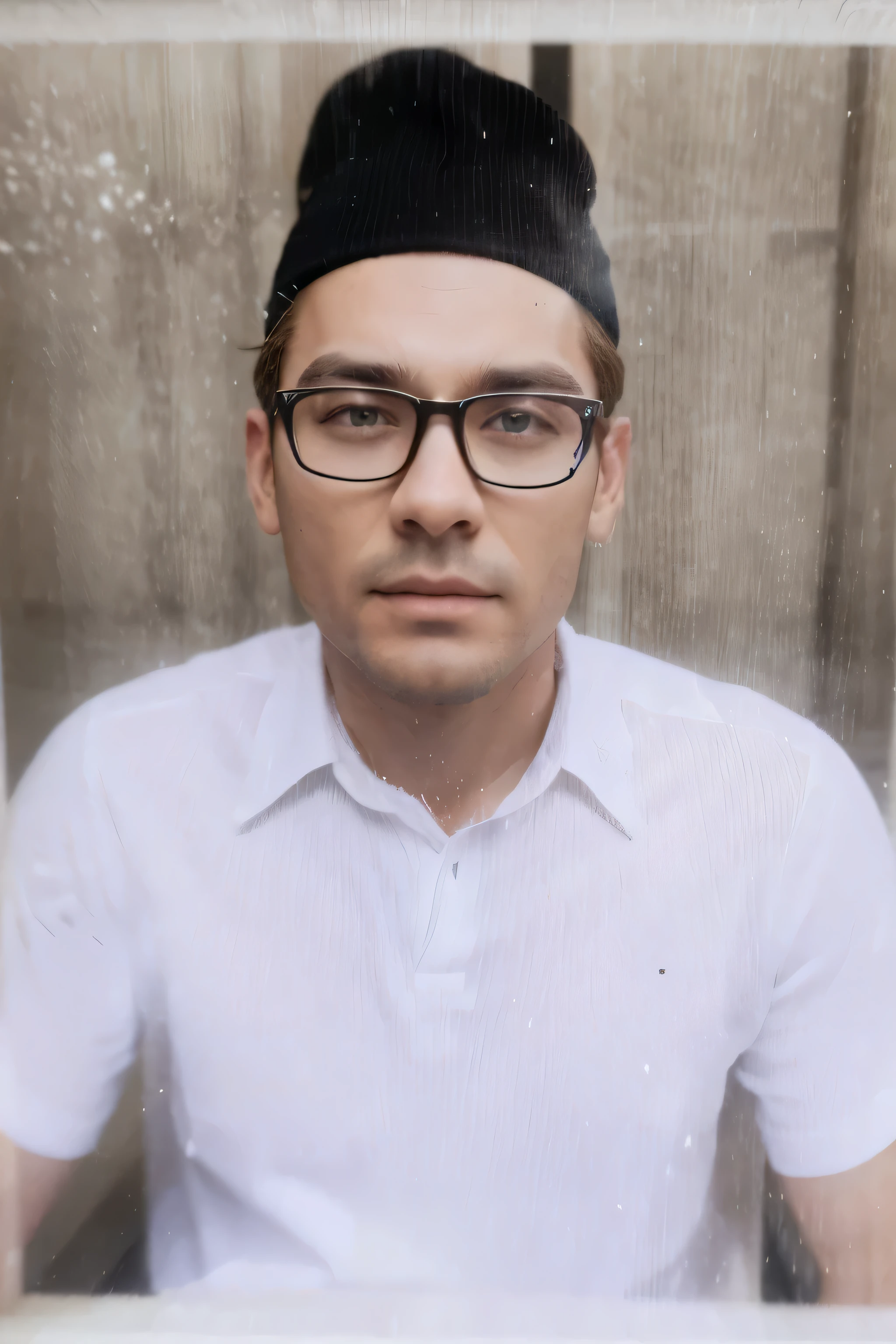 A man using white shirt, black moeslem hat, photo realistic, HD, super detailed, 8k