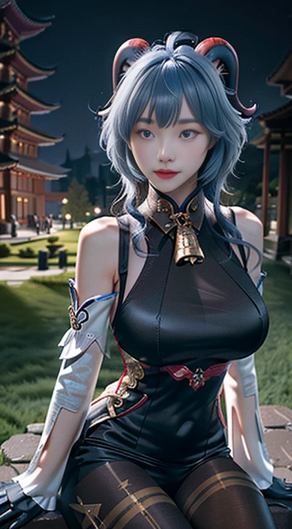 Masterpiece, (Photorealistic:1.5), Best quality, Beautiful lighting, Real life, Ganyu \(Genshin Impact\), 1girll, ahoge, architecture, bangs, Bare shoulders, bell, Black gloves, Black pantyhose, (Blue hair), Blush, Breasts, Chinese knot, Detached sleeves, east asian architecture, flower knot, mitts, Horns, Long hair, view the viewer, Medium breasts, Neckbells, Night, Outdoors, Pantyhose, Purple eyes, side locks, Solo, nipple tassels, White sleeves, (Ulzzang-6500:0.5) , Intricate, High detail, Sharp focus, Dramatic, Beautiful girl , (RAW photo, 8K UHD, filmgrain), Caustics, Subsurface scattering, Pondering ,