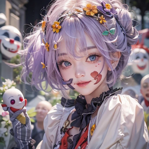 Standing in the grave、Hair flow、 ((highest quality、masterpiece、8k、Best image quality、Ultra-high resolution、Award-winning works)、(Accurate anatomy:1.1)、(Look at me and smile:1.1)、Shining fair skin with Ultra-high resolution、The most detailed face、Ultra-high resolution detailed face、Ultra-high resolutionの髪の毛、(Ultra-high resolution eye:1.1)、Beautiful face drawn in every detail、Cheerful clown costume, Chest to chest, Strange atmosphere, Ghosts flow, Dark Light, At the cemetery, Heavy makeup