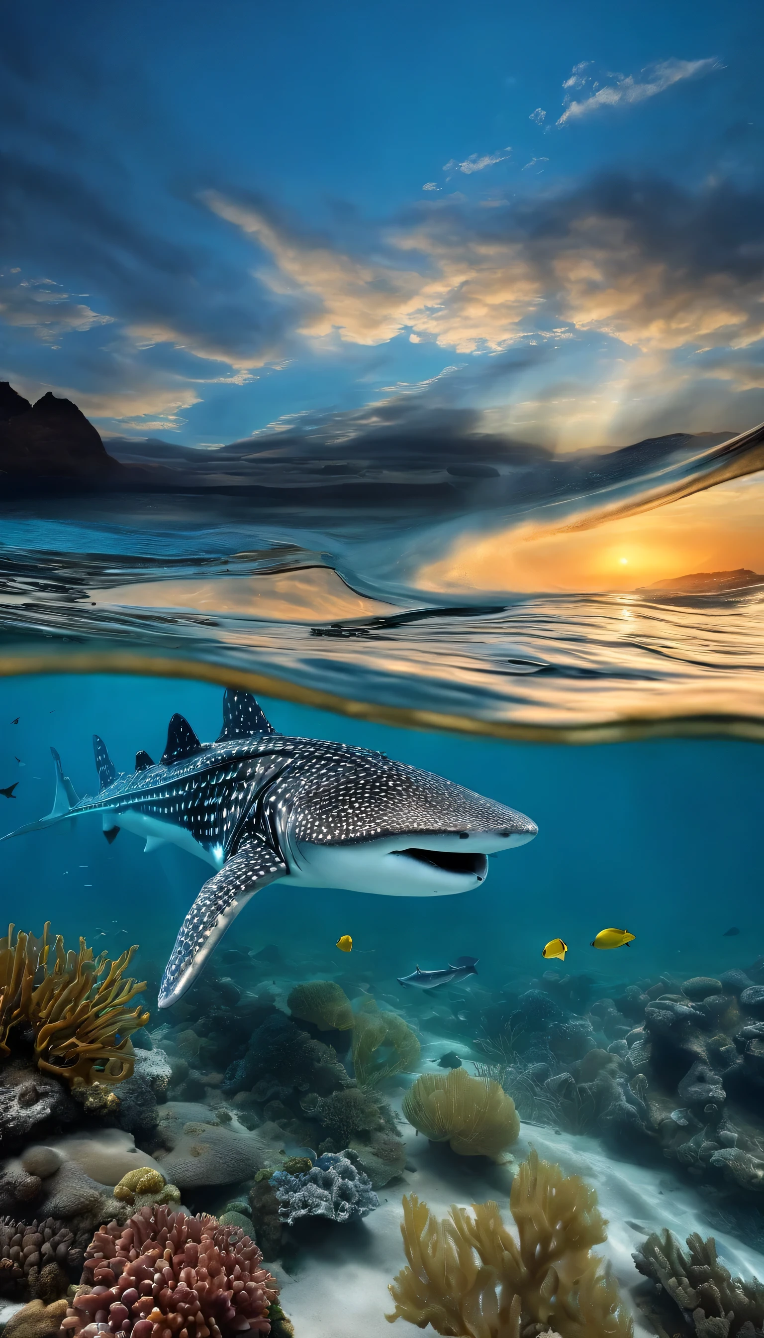 science, fundo do mar,bioluminescence,,Whale shark、Tartarugas、Focas manchadas、Rare marine species, como golfinhos brancos,e ervas marinhas, coral, algas marinhas