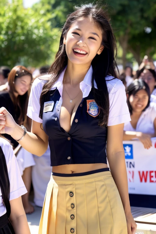 1girl, (uniform_doodle, doodle), Open the buttons on her shirt and reveal her cleavage, outdoors, detailed face, detailed eyes, big natural breasts, hard nipple, can see her nipples, shiny skin, wearing sexy transparent bra, sexy bra, mini skirt, sexy skirt, looking at the audience, (laughing cute: 1.2), (happy), (8k, RAW photo, best quality, masterpiece: 1.2), (realistic, realistic: 1.37), ultra-high resolution, getting wet all body, all body wet