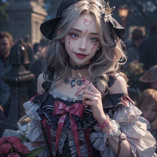 Standing in the grave、Hair flow、 ((highest quality、masterpiece、8k、Best image quality、Ultra-high resolution、Award-winning works)、(Accurate anatomy:1.1)、(Look at me and smile:1.1)、Shining fair skin with Ultra-high resolution、The most detailed face、Ultra-high resolution detailed face、Ultra-high resolutionの髪の毛、(Ultra-high resolution eye:1.1)、Beautiful face drawn in every detail、Cheerful clown costume, Chest to chest, Strange atmosphere, Ghosts flow, Dark Light, At the cemetery, Heavy makeup
