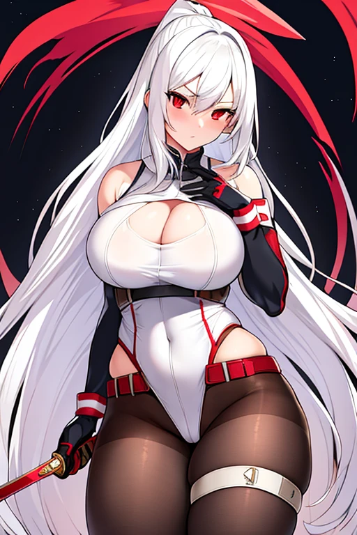 1girl, white hair, long hair, red eyes, serious, glowing eyes, large breasts, thick thighs, mature female, athletic  female, toned, leotard, black leotard, thighhighs, belt, knife, knifes, pantyhose, ((belt)), black pantyhose