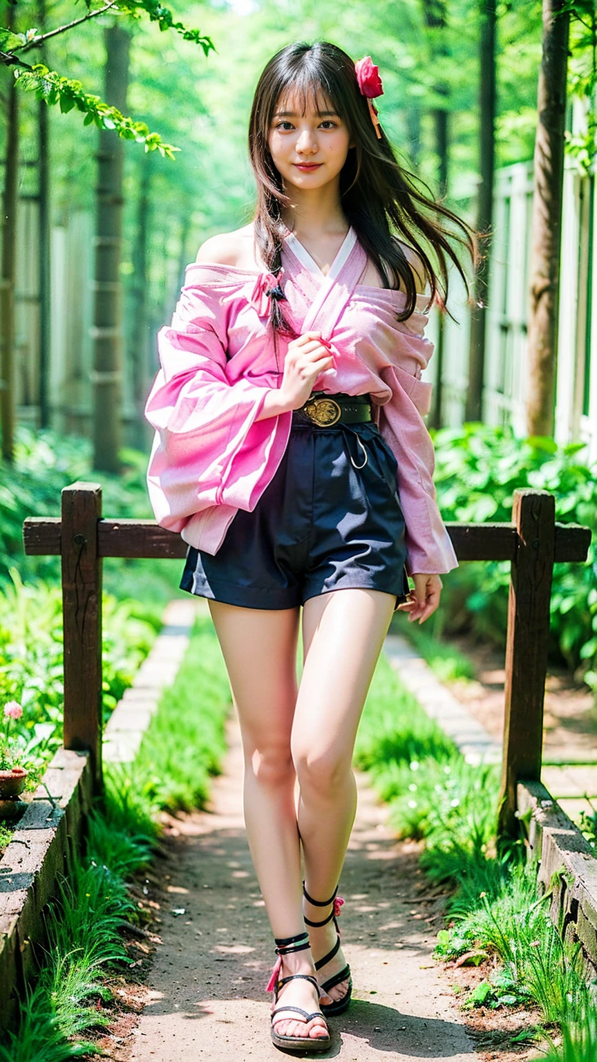 (8k、RAW Photos、highest quality、masterpiece:1.2)、(Realistic、Realistic)、1 girl、((Short shrine maiden costume、smile、Off the shoulder、See-through、Pink and black、Long-sleeved kimono、I can see your feet、Shorts、Sandals、garden、Ribbon Belt、Are standing))、Lots of eyelashes、Glowing eyelids、skeletally correct