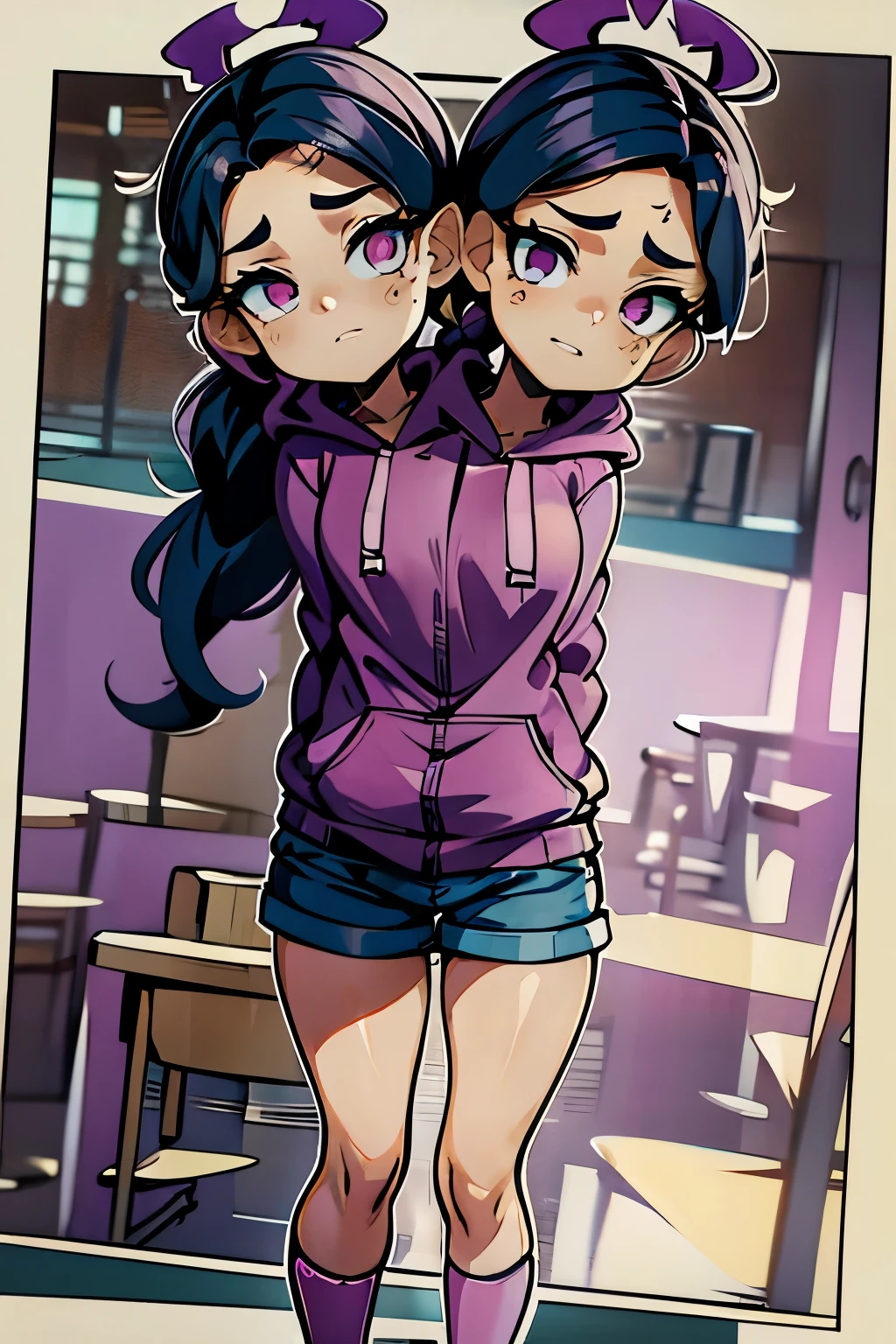conjoined, 2heads, girl with two heads instead of one, 2head, cuerpo curvilineo, brazos curvilineos, usando shorts, ropa abrigada, piernas curvilineas, anime cartoon, using a purple hoodie, each head has a ponytail, anatomia proporcionada ideal para una persona de dos cabezas