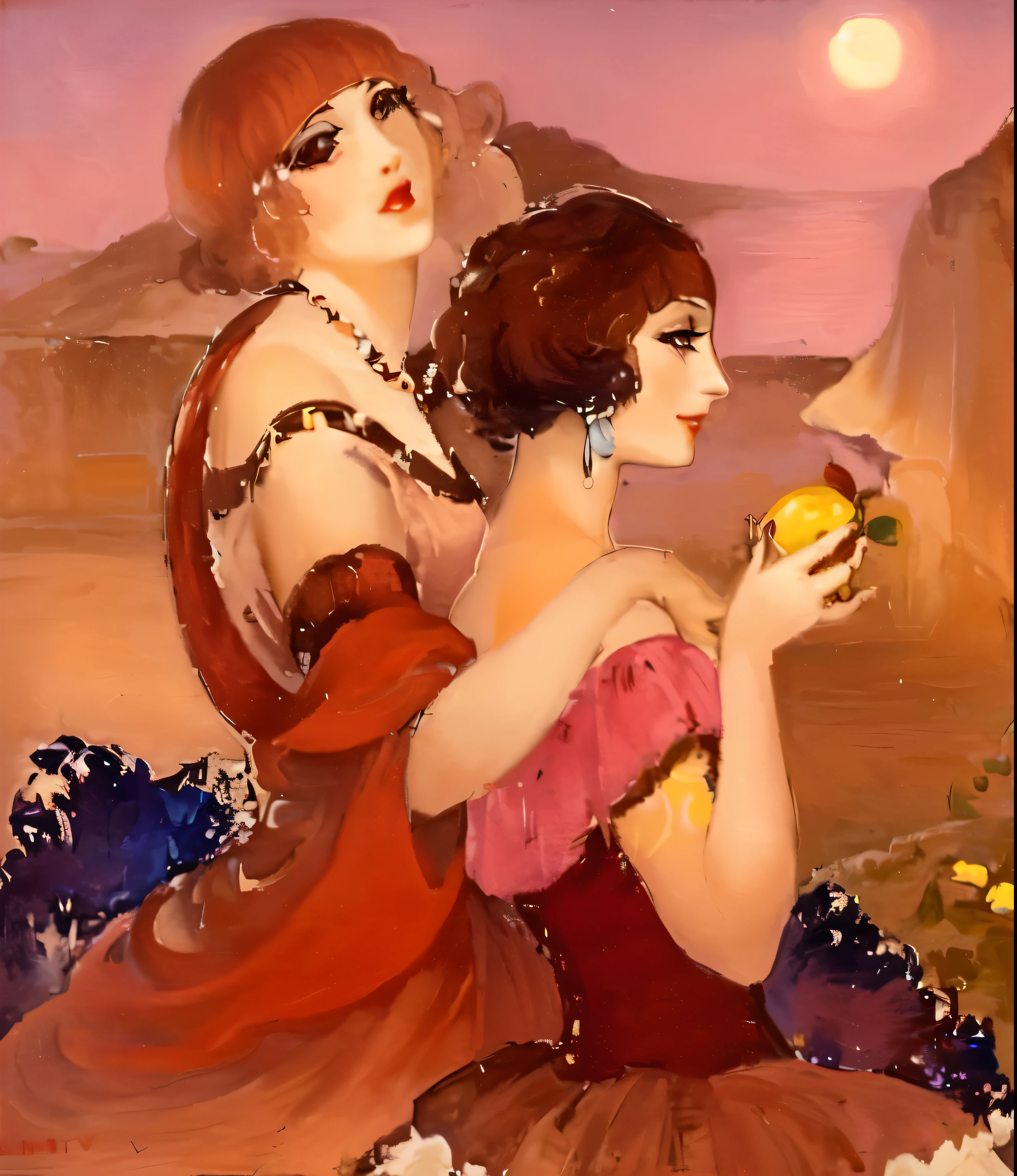 painting of two women in red dresses holding fruit near a body of water, by Gerda Wegener, inspired by Gerda Wegener, an art deco painting, art deco painting, 1920s neo rococo expressionist, oil on canvas (1921), oil on canvas (1921)”, by Georges Lemmen
